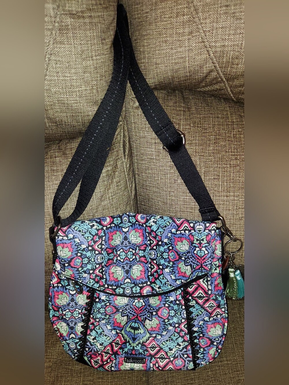 Sakroots Blue Pink Green Patterned Crossbody with Black Strap